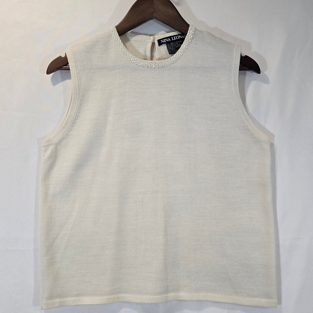 Nina Leonard Cream Beaded Mock Neck Sleeveless‎ Sweater Top L